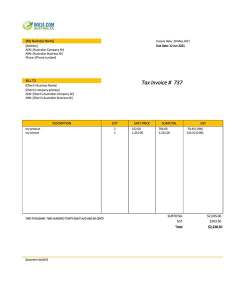 Australian Tax Invoice Template Excel