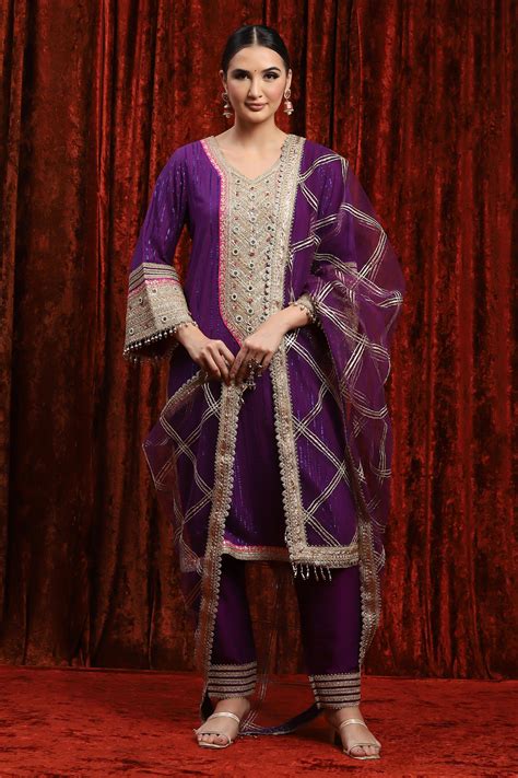 Buy Purple Kurta Cotton Lurex Embroidery Gota Paan Neck Placket Set For