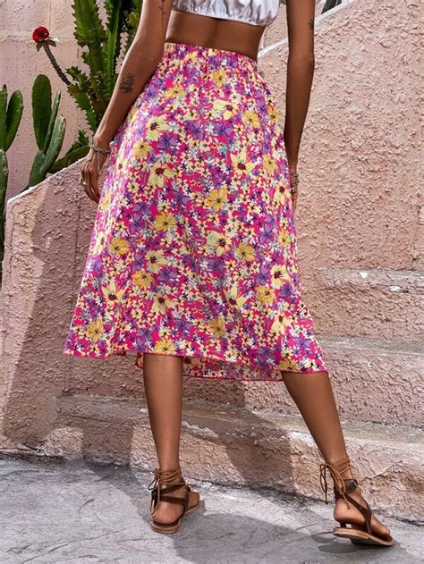 Shein Vcay Jupe Taille Haute Imprim Fleur Fendu Mode En Ligne