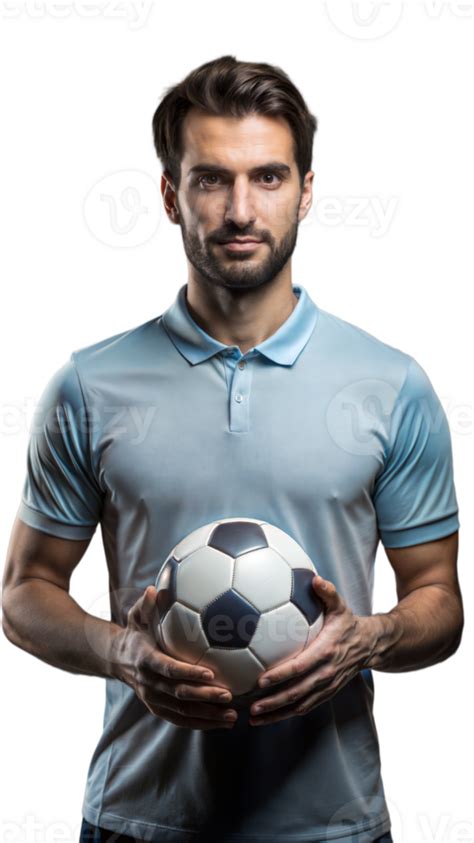 Man Holding Soccer Ball In Light Blue Shirt 47650531 PNG