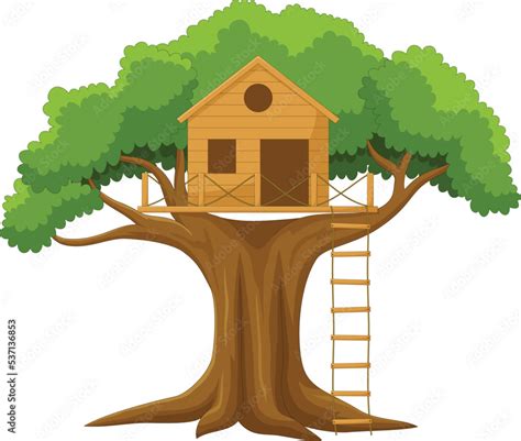 Cute tree house cartoon in the garden Stock Vector | Adobe Stock