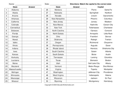 U.S. States and Capitals Worksheet for 4th - 8th Grade | Lesson Planet