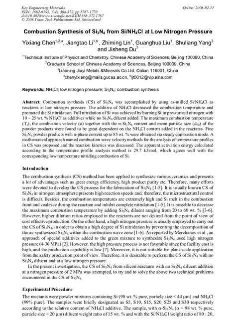 Combustion Synthesis of Si3N4 from Si/NH4Cl at Low Nitrogen Pressure | Scientific.Net