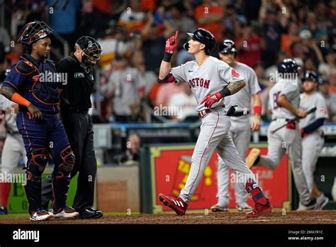 Boston Red Soxs Jarren Duran Right Celebrates After Hitting A Two