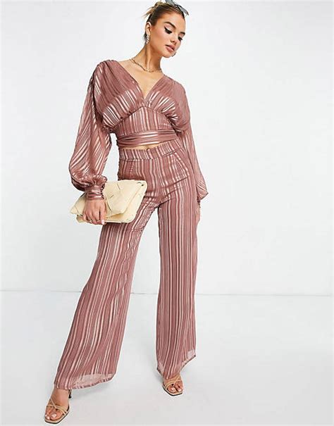 Asos Design Co Ord Blouson Top And Wide Leg Trouser In Satin Jacqaurd In Rust Asos