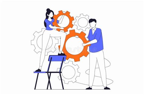 Teamwork Concept With People Scene In Flat Outline Design Stock Vector