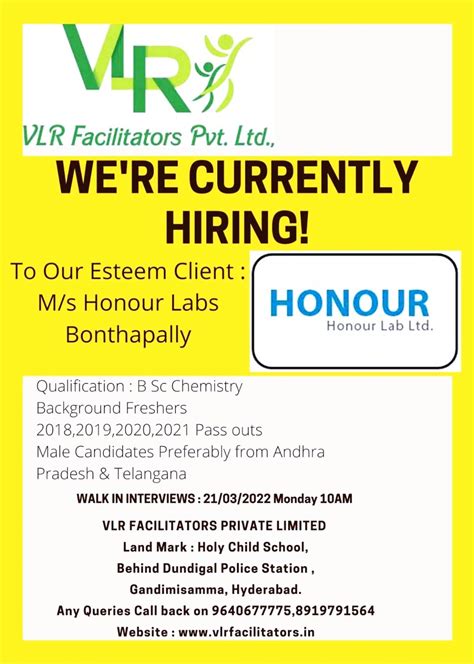 Honour Lab Limited Walk In Interviews For B Sc Chemistry Freshers On