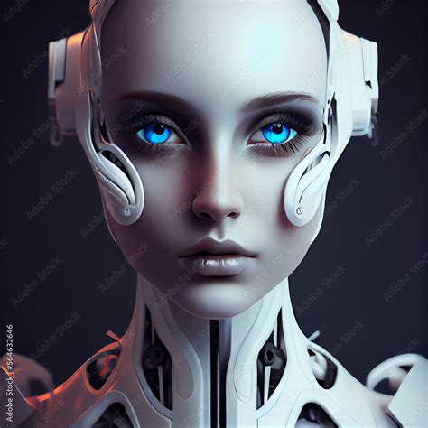 Robot Android Girl With Blue Eyes In Black Background Crated With