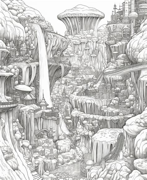 Premium AI Image | A drawing of a mountain landscape with a waterfall ...