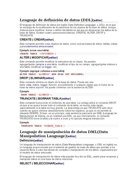 Lenguaje De Definición De Datos Sql Pdf Sql Datos