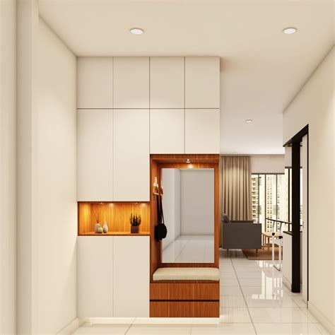 Spacious Foyer Design With White Cabinet And Wooden Storage Seater