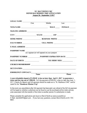 Fillable Online HONDURAS MISSION TRIP APPLICATION Fax Email Print