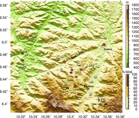 Topographic map of the area around Lake Nyos showing elevation contours ...