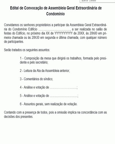 Modelo de Termo Edital de Convocação de Assembleia Geral Extraordinária