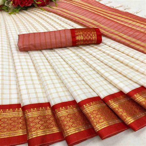 White And Red Checks With Woven Border Cotton Silk Saree