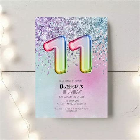 Editable 11th Birthday Invitation Pastel Rainbow Glitter Birthday Party