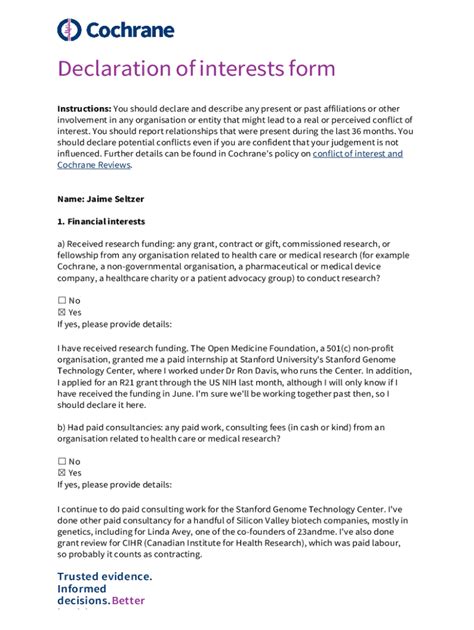 Fillable Online Community Cochrane Conflict Of Interest Disclosure Form