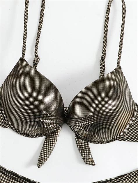 Metallic Bikini Set Knot Back Underwire Push Up Bra Bikini Bottom