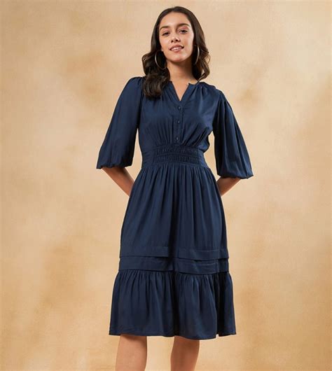 Buy Femella Notch Neck Smocked Waist Detail Tiered Midi Dress In Navy