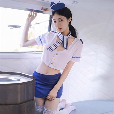 Jual Set Baju Lingerie Seksi Rok Topi Model Cosplay Pramugari