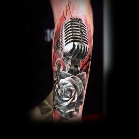 Beautiful Microphone And Rose Tattoo Mens Forearms Mic Tattoo Microphone Tattoo Rose Tattoo