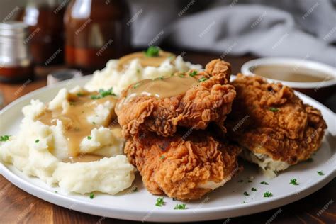 Premium Ai Image Plate Of Crispy Fried Chicken Mashed Potatoes And Gravy Created With