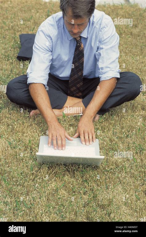 Meadow, businessman, barefoot, work, laptop, occupation, business, man ...