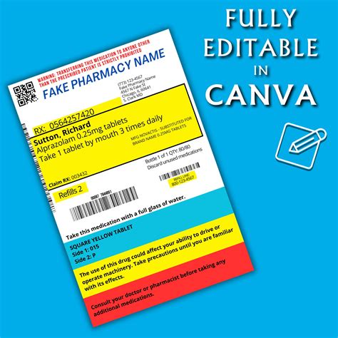 Editable Prescription Label Template Printable Editable Vertical RX ...