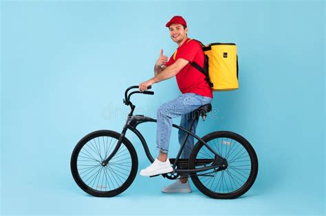 Courier with Backpack Bag Riding Bike Gesturing Like, Blue Background ...