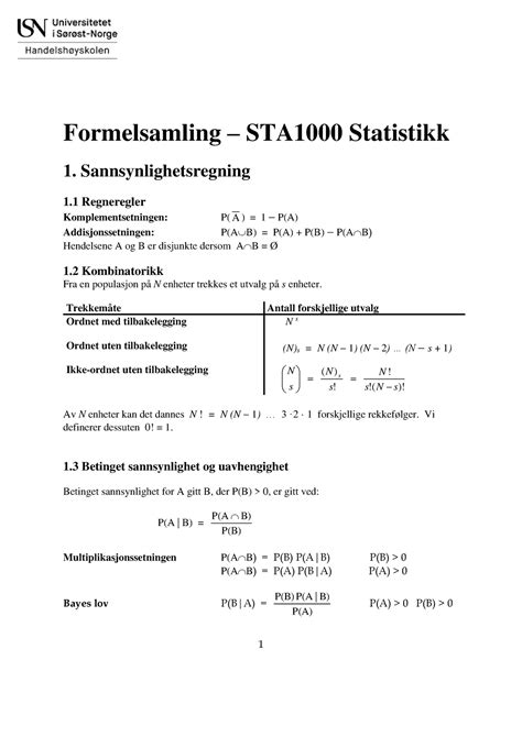 Formelsamling 2022 STA1000 2 Formelsamling STA1000 Statistikk 1