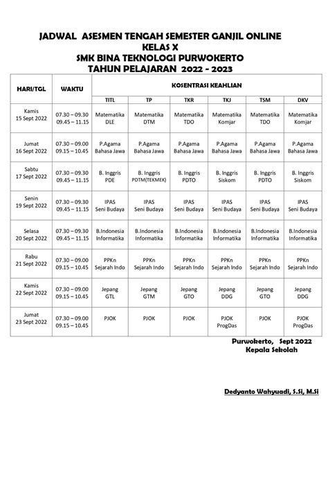 Jadwal Asesmen Tengah Semester Ganjil Smk Bina Teknologi