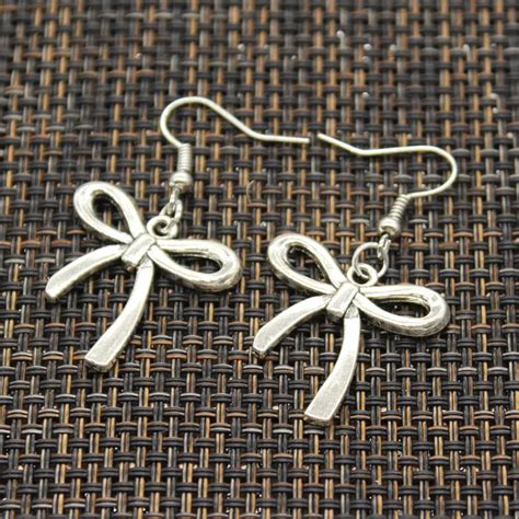 Antique Silver Color Bowknot Bow Charm Drop Earring Dangle Earrings