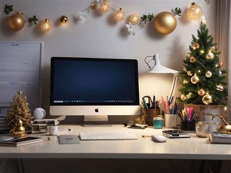 Premium Photo | View of desk with computer and decorations