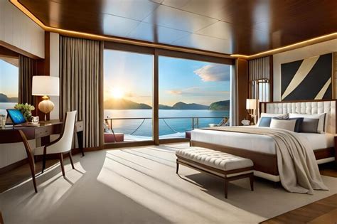 Premium AI Image | A hotel room with a view of the ocean and a large ...