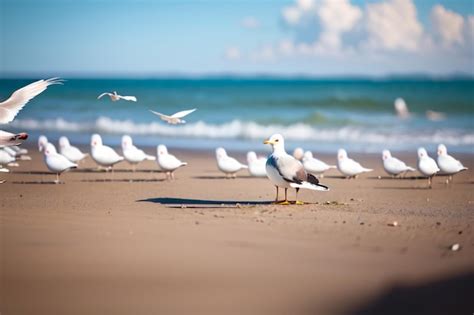 Una Bandada De Gaviotas En Una Playa Con Las Gaviotas Volando Por