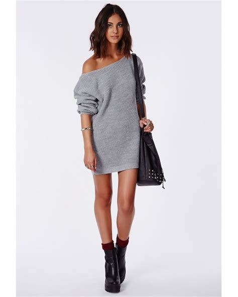 Missguided Off Shoulder Knitted Sweater Dress Grey In Gray Lyst