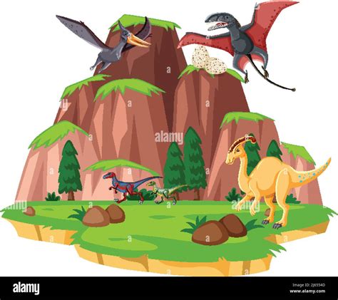 Scene With Dinosaurs In The Forest Illustration Stock Vector Image