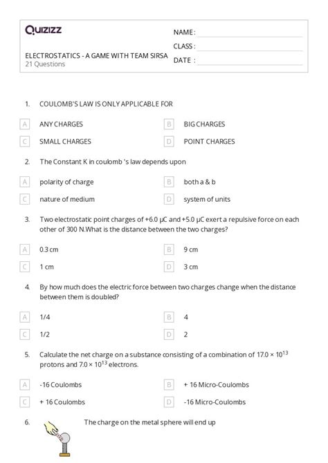 Coulombs Law And Electric Force Worksheets For Th Year On Quizizz