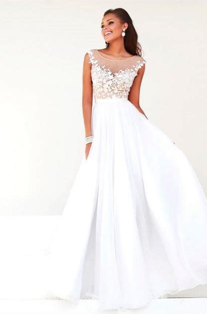 Princess A Line Illusion Neckline Cap Sleeve Long White Chiffon Evening Prom Dress V Back