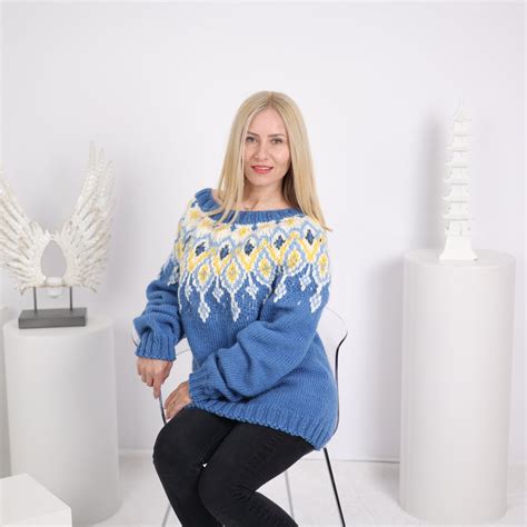 Lopi Wool Sweater Icelandic Style Jumper Hand Knitted Blue Pullover T1631 Etsy