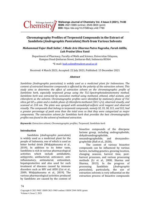 Pdf Chromatography Profiles Of Terpenoid Compounds In The Extract Of