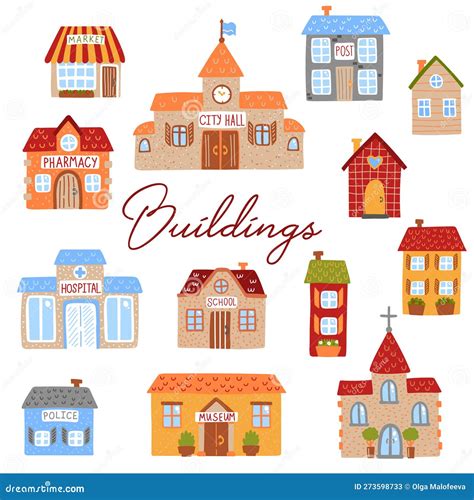 City Buildings Cartoon Childish Vector Icons Set Stock Vector - Illustration of style, museum ...