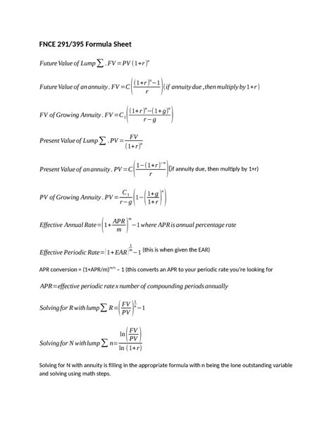 Formulas For Finance FNCE 291 395 Formula Sheet Future Value Of Lump