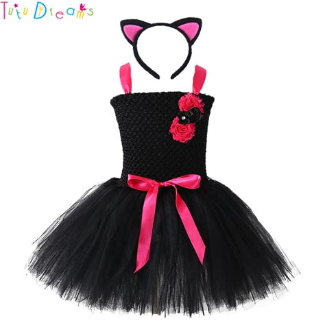 Hot Pink Black Cat Girl Tutu Dress Lovely Girl Flowers Bow Birthday