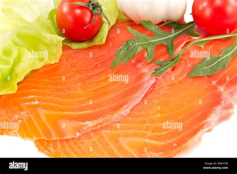 Smoked Salmon Sliced With Fresh Vegetables Stock Photo Alamy