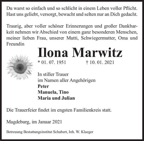 Traueranzeigen Von Ilona Marwitz Abschied Nehmen De