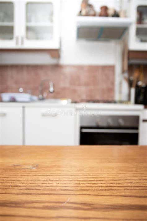 Blurred Kitchen Interior With Desk Space Stock Image Image Of Kitchen