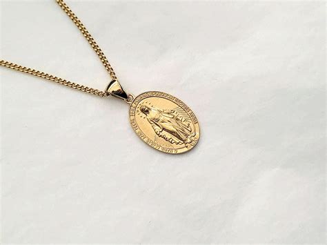 K K Solid Gold Miraculous Medal Necklace Pendant L Mens Etsy