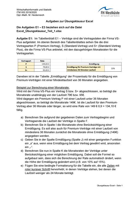 Excel Bungsklausur Teil Itm Ws Dipl Math M Heidenreich