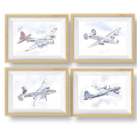 WWII Military Bomber Planes Art Prints Set, WW2 Airplane Prints, Boys ...